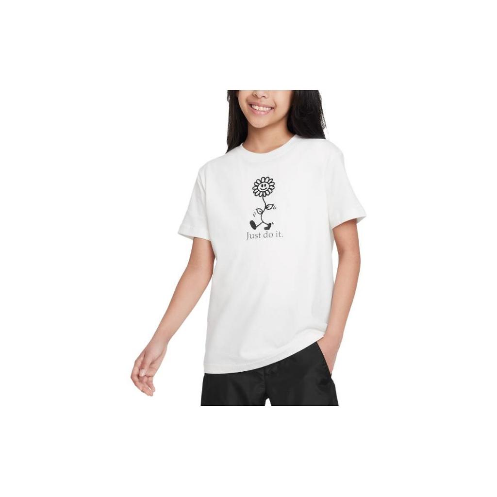 Nike Floral Print Crew Neck Short Sleeve T-Shirt Kids Tops White FD5363-133