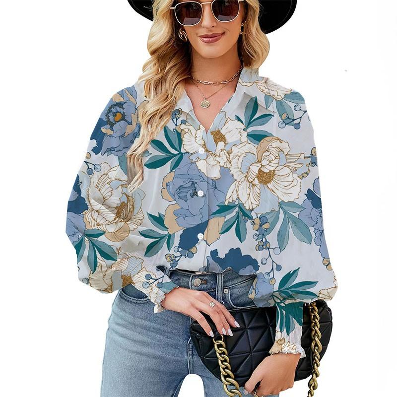 

Европейская и американская весенняя женская рубашка с воздушными рукавами и цветочным принтом, повседневная рубашка в уличном стиле с лацканами и пышными рукавами