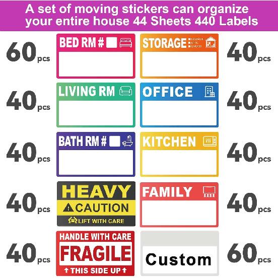 440 Count 3.5" x 2" Large Home Moving Packing Labels for 3-4 Bedroom House, 10 Color Coded Moving Stickers for Boxes with Large Writable Area,