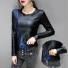 Høst Vinter Langermet Dame Bluse Patchwork Farger Plus Size Skjorte Dame Elastisk Varm Velvet Pu Lær Dame Overdeler