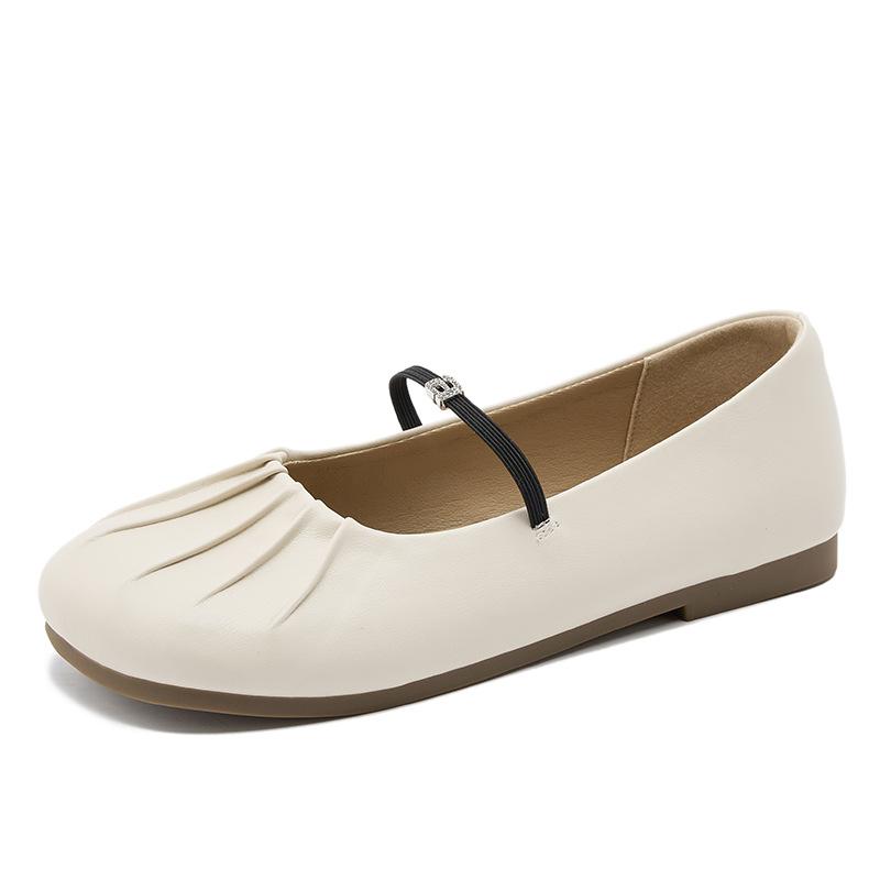 

Vintage round head pleated soft leather grandma shoes one-word buckle Mary Jane shoes women s shoes versatile soft flat single shoes women 35