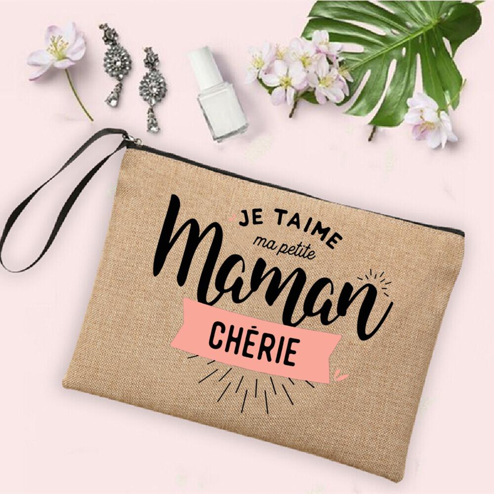

Mama I Love You Forever Printed Cosmetic Bag Women Neceser Makeup Bag Linen Toiletry Storage Pouch Travel Beach Bag Gift for Mon