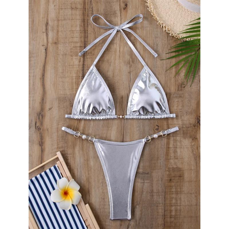 Shiny Pink Micro Bikini 2025 Mujer Women Sexy PU Pearls Push Up Thong Swimsuit Summer Bathing Suit Bandage Holiday Swimwear
