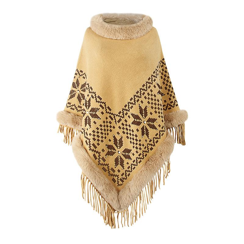 Cape Shawl Knitted Shawl Fur Collar Beaded Fringed Hem Sweater Women