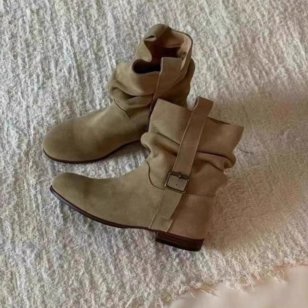 Sheepskin Version~ Korean Pleated Piled Boots Round Head Flat Bottom Western Cowboy Boots Women's New Martin Boots Short Boots