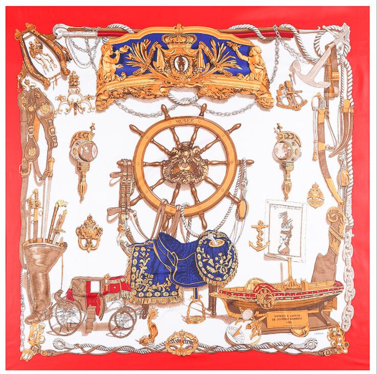 New Arrival Brand Shawl 100% Twill Silk Scarf Horse Carriage 130cm Square Scarves Print Kerchief Bandana Woman Headband Hijab