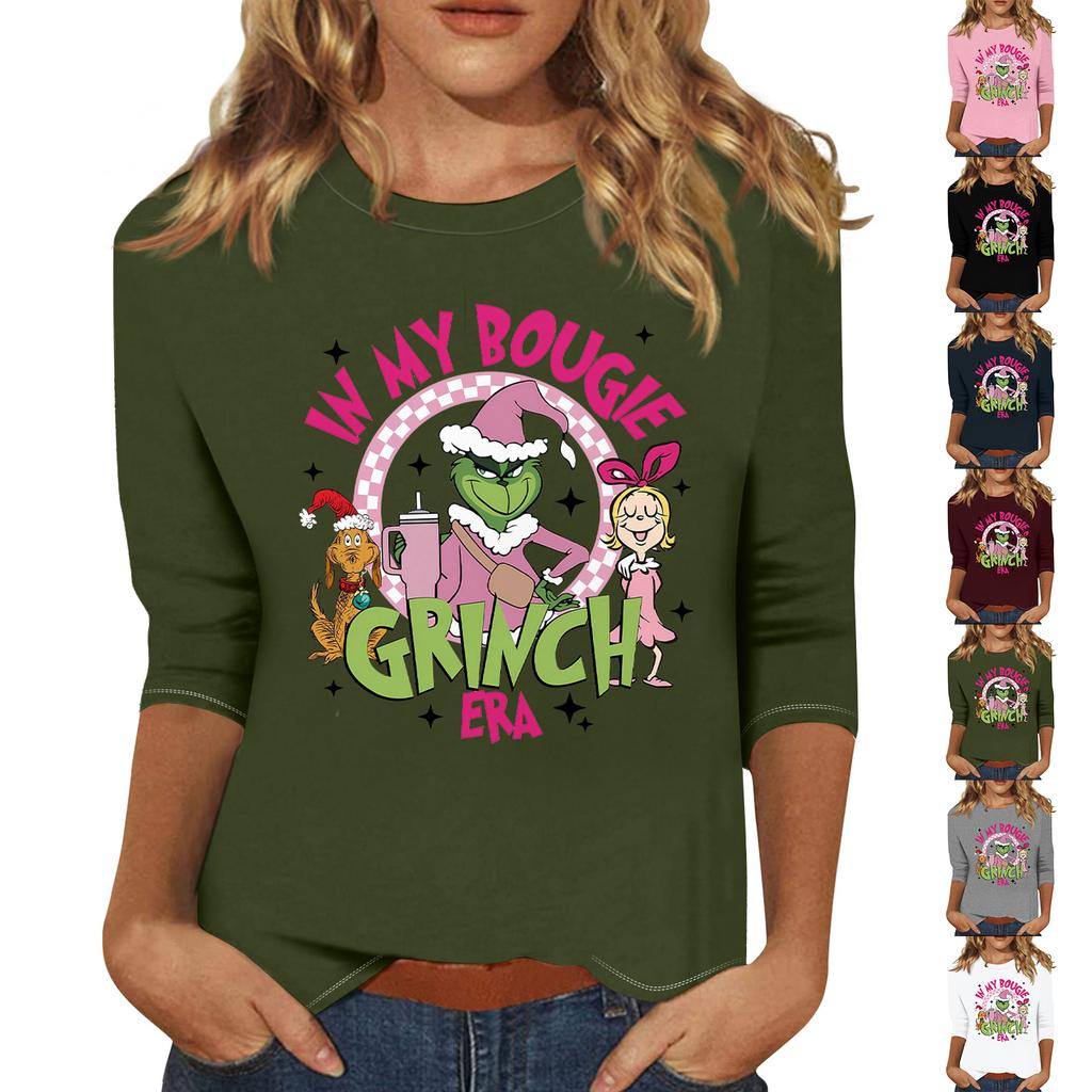 3/4 Sleeve Tops For Women T-Shirt Casual Christmas Print Tops T Shirt Round Neck Pullover Blouse