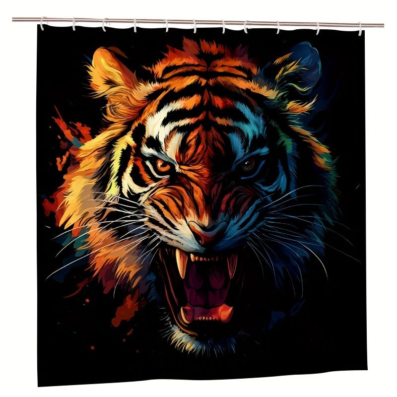 1Pc Angry Tiger Shower Curtain - Bold Colorful Design, 71X71 Inch, Polyester, 12 Hooks, Hand Washable, Modern Bathroom Decor