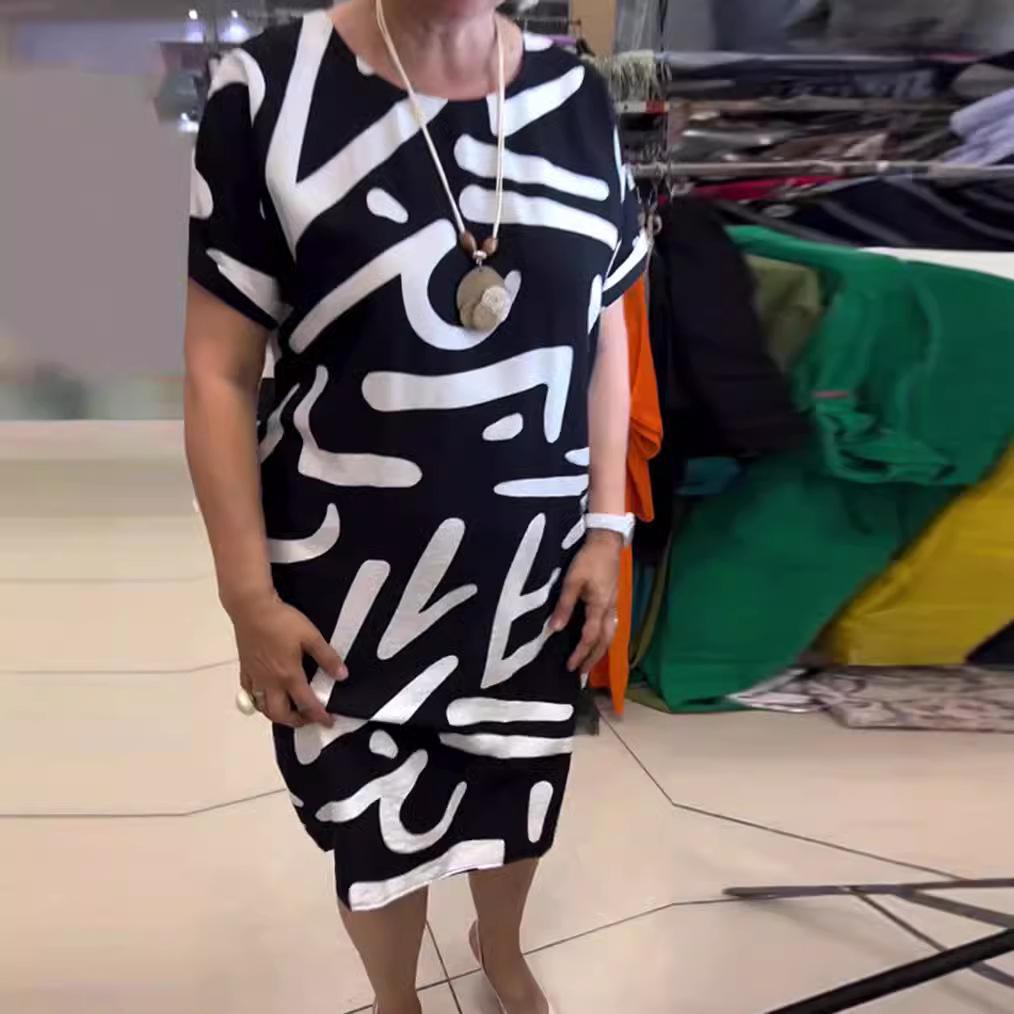 2024 Autumn Women's V-Neck Short-Sleeve Loose Fashion Dress with European and American Prints