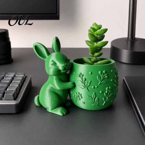 Small Desktop Planter 3D Printed Bunny Hugging Succulents Planter, Cute Rabbit Flower Pot with Embossed Ornament Floral Body, Mini Desk Decor