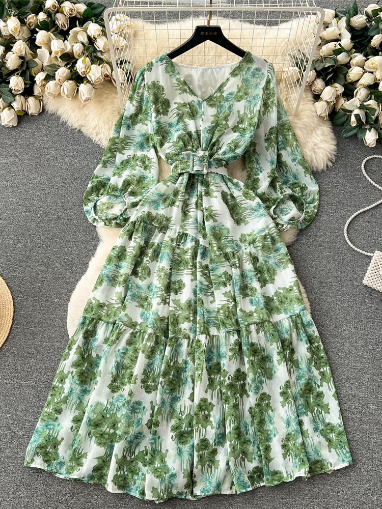 Sonbahar Vintage Kadın Çiçekli Midi Elbise Zarif V Yaka Fener Uzun Kollu Volan Etek A Kesim Kadınlar İçin Yeni Elbiseler