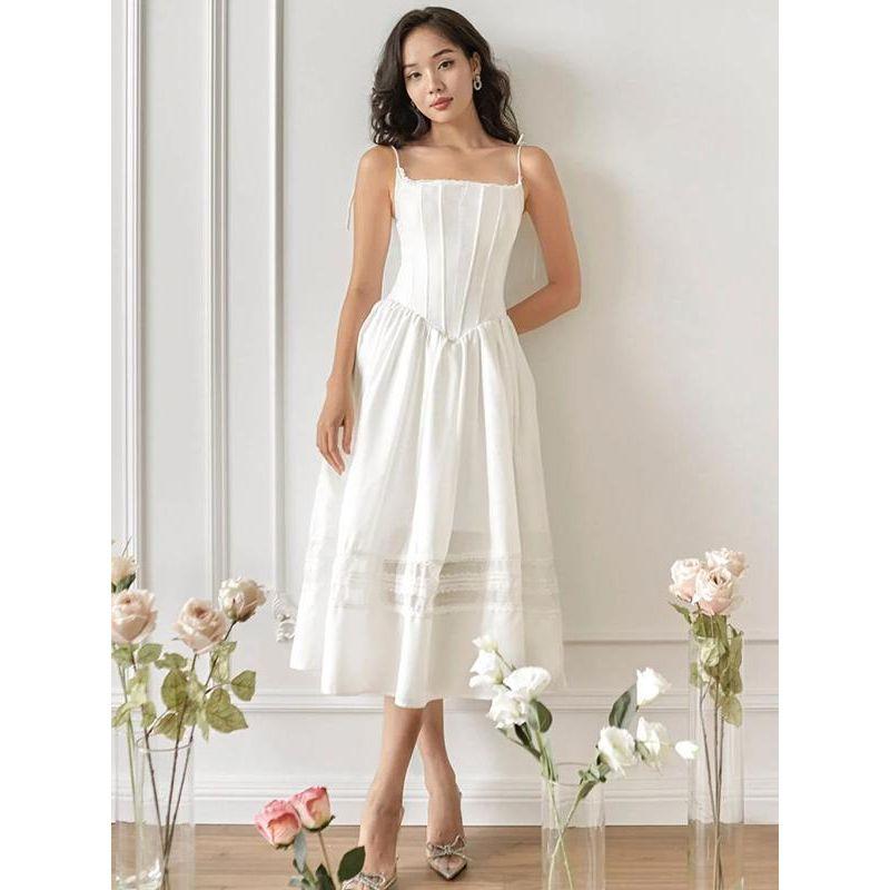 Gothic Hepburn Style French style High Sense Lace Stitching Sexy Temperament Slimming Lace-up Sling Dress Long dress