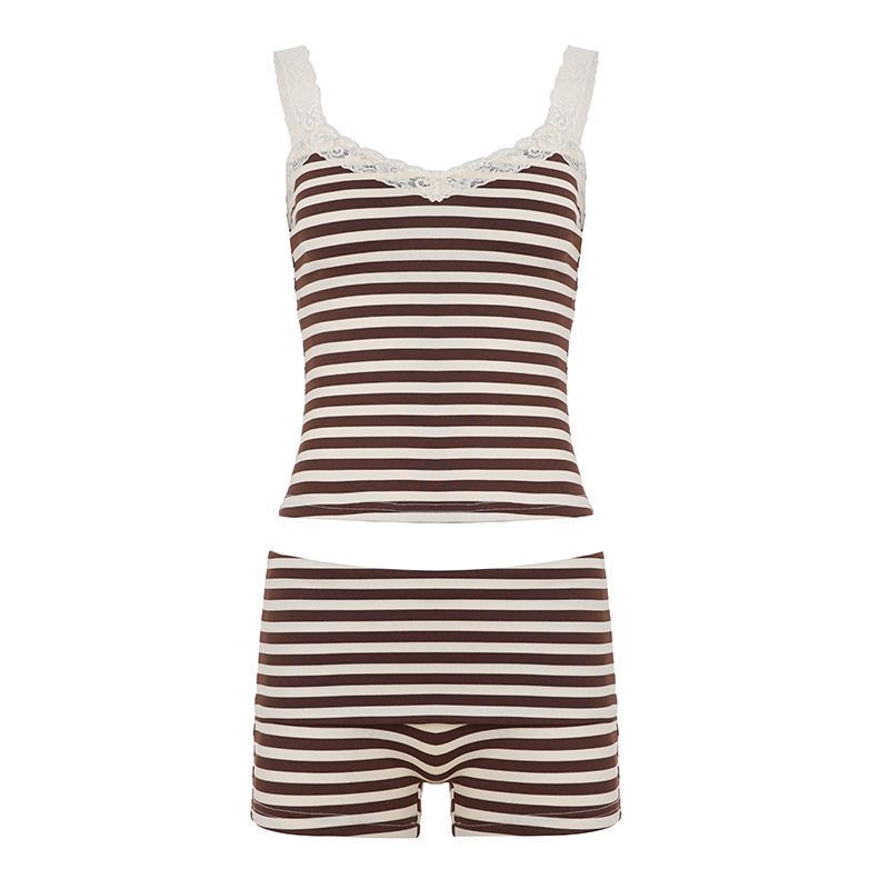 

Hot Girl Casual Home Knit Striped Outfit Sweet and Spicy Lace Trim Collar Strapless Low-Waist Hip-Hugging Shorts for Women Brown S
