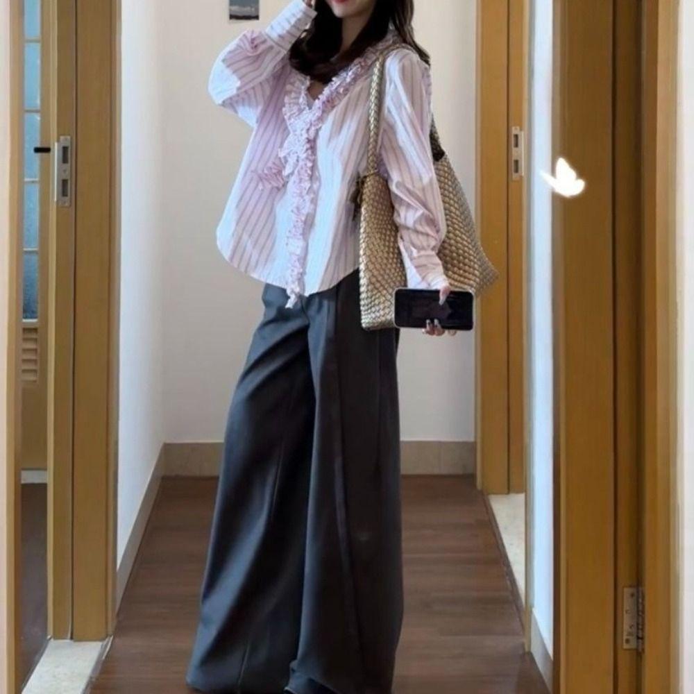 Sweet Deep V Flouce Shirt Tassel Women Shirt Top Comfortable Long Sleeve Shirts  Office