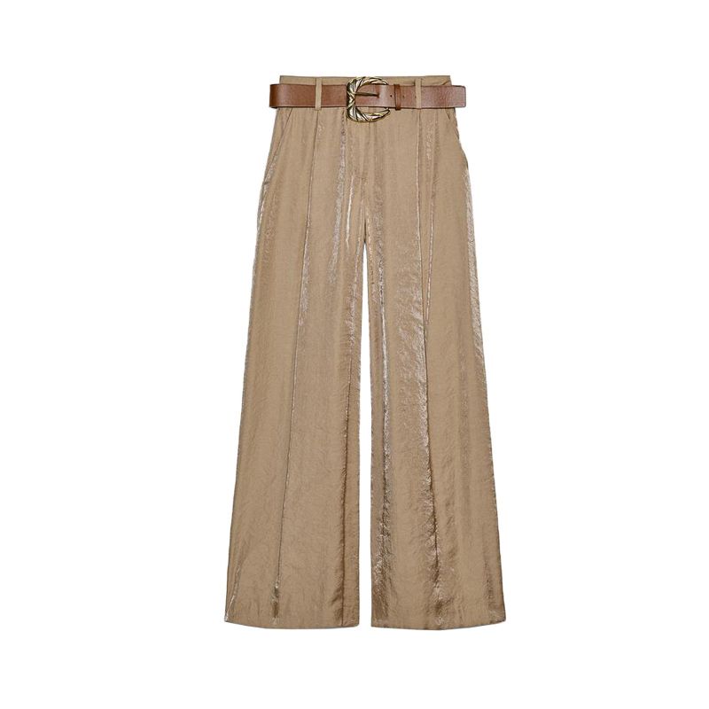 

Summer Women s Pleated Decoration High Waist Vertical Matching Belt Silk Satin Texture Wide-Leg Casual Pants 3533556 Dark taupe L