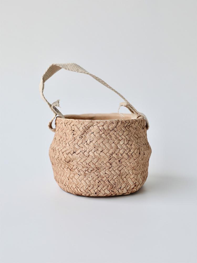 Creative Retro Rattan-Style Cement Flower Pot, Straw-Woven Hanging Basket with Handle for Plants and Flowers
