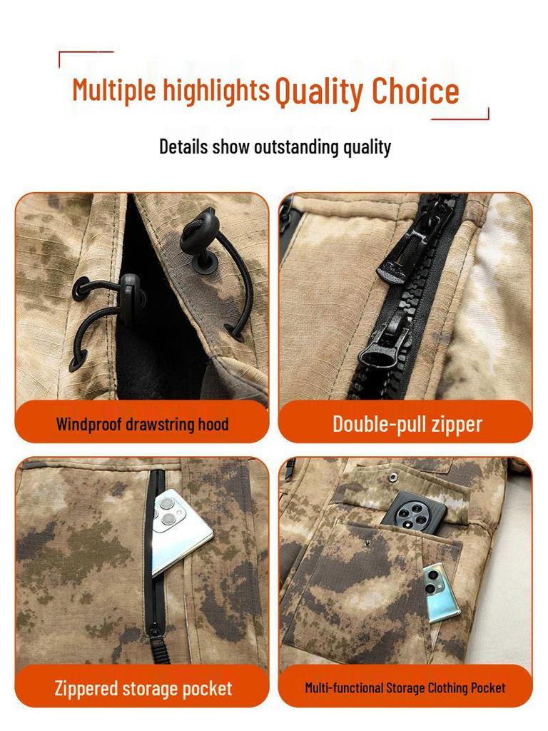 Men's Winter Camouflage Cotton Jacket with Velvet Lining for Cold Protection and Workwear