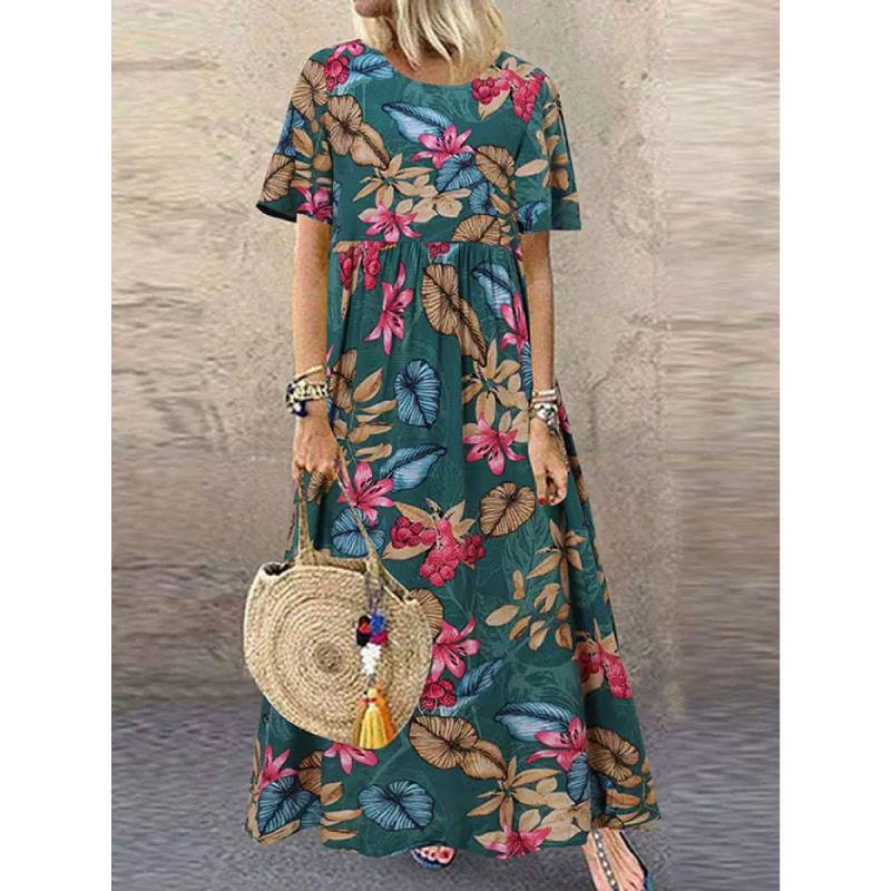 Vintage Floral Print Long Dress With Round Neck And Short Sleeves For Casual Summer Wear
