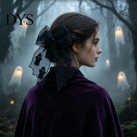 Dark Style Hair Clip Halloween Bat Mesh Bow Spring Clips, Black White Lace Spider Web Gothic Barrettes, for Women Cosplay Costume Moderate Clamping