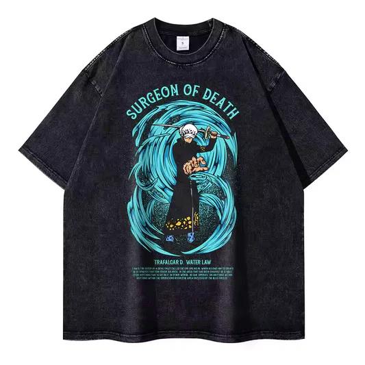 Japanese Anime One Piece Retro Washed Tshirt Men and Women Summer Harajuku YK Clothing Round Neck Short Sleeved Tshirt Unisex