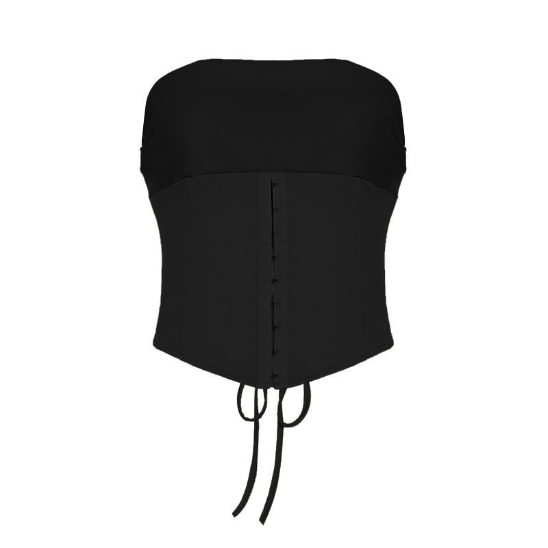 

Suit New Arrival Vintage Court Style Waist Shaping Lace-up Tube Top Tops Leather Cut Out Wrist Hanging Package Hip Skirt Suit Women Black Tube Top S