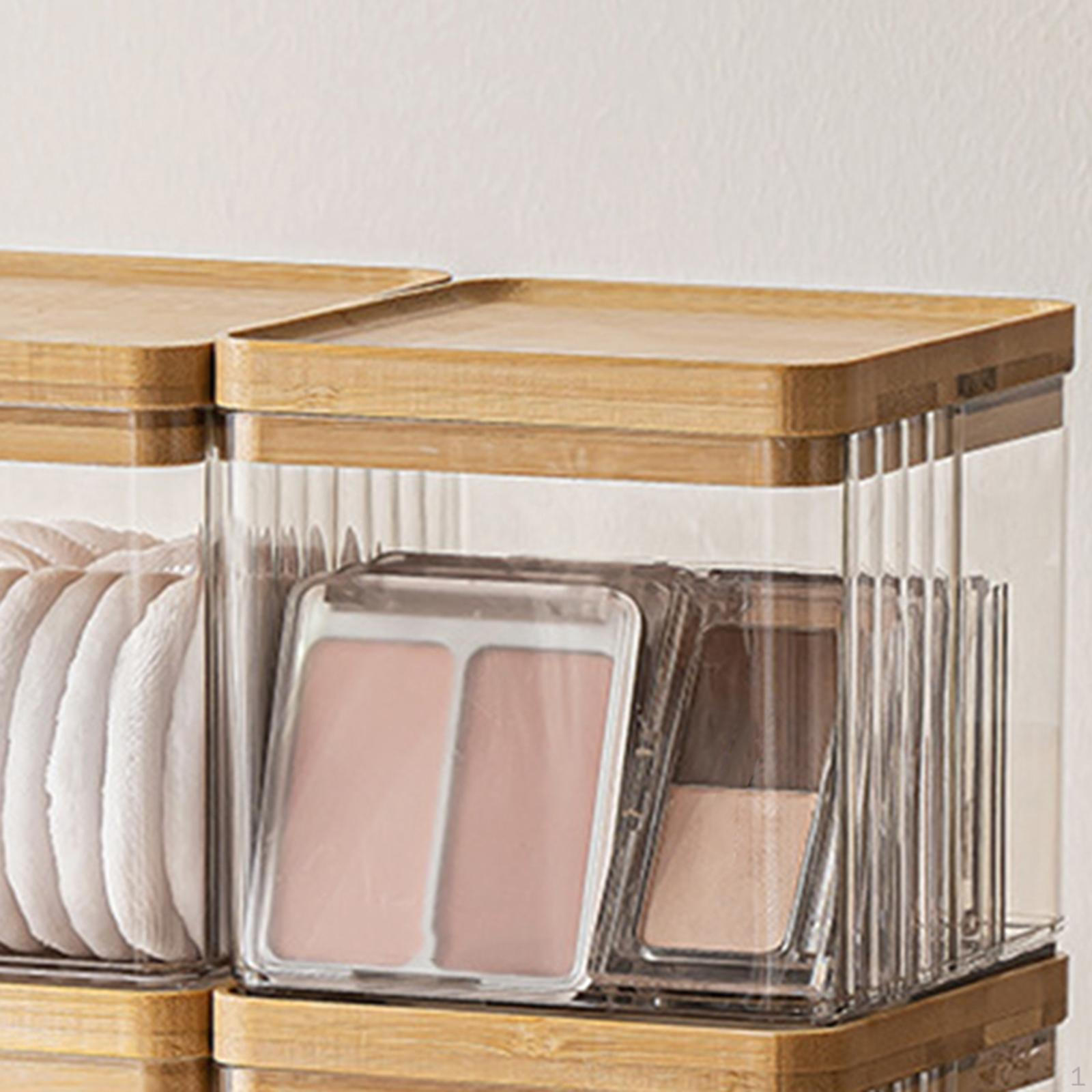 

Makeup Holder Canister with Divider Bamboo Wood Lid Anti Slip Storage Box Cosmetic for Makeup Pad