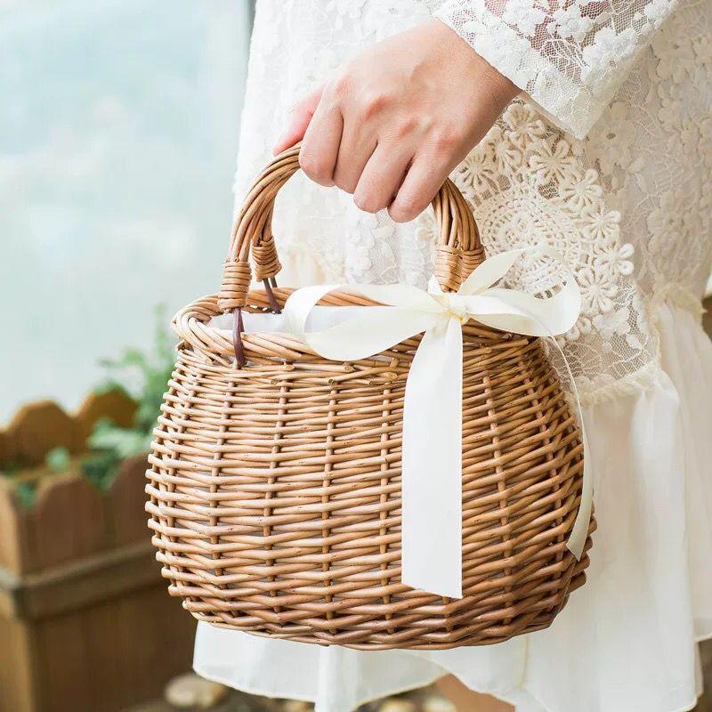Rattan-Blumenkorb-Handtasche geflochtener Gemüsekorb Stofffutter Weidengeflecht Damen-Tasche im gleichen Stil Sommer Bambus-Rattan-Kunst