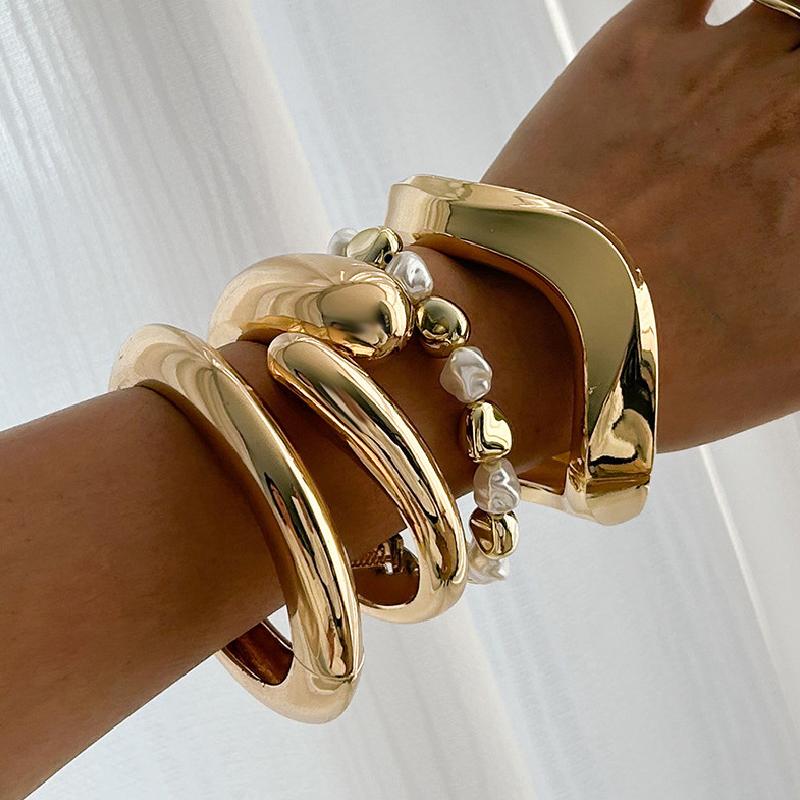 Fashion Exaggerated Wide Cuff Irregular Geometric Gold Color Chunky Bangles Bracelet for Women Men Punk Hip Hop Jewelry Gift