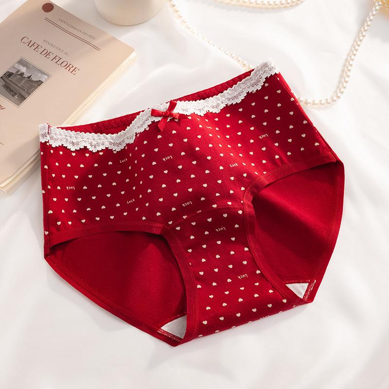Women's Spring and Autumn Year Red Floral Pure Cotton 10A Extended Middle Waist Triangle Briefs