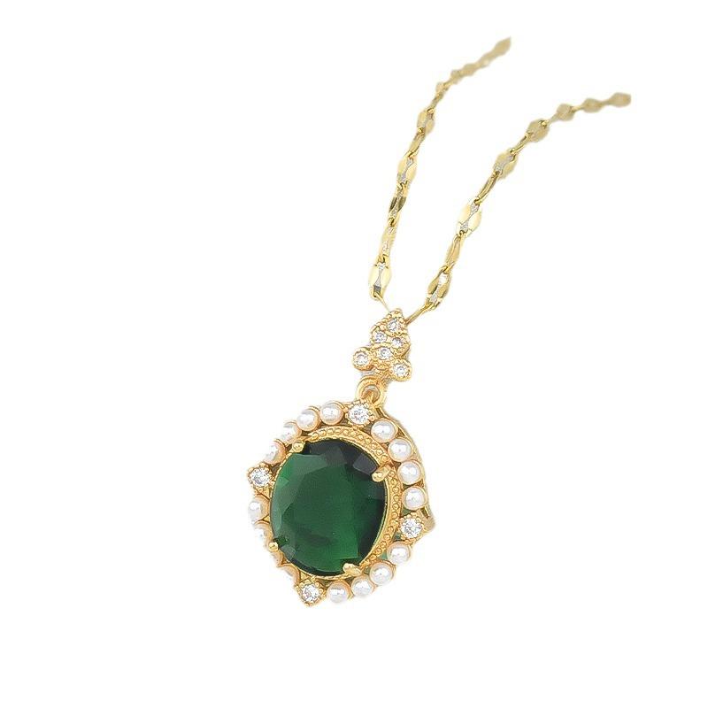 Emerald Necklace Female Ethnic Style Vintage Versatile Inlaid Pearl Pendant Clavicle Chain Accessories
