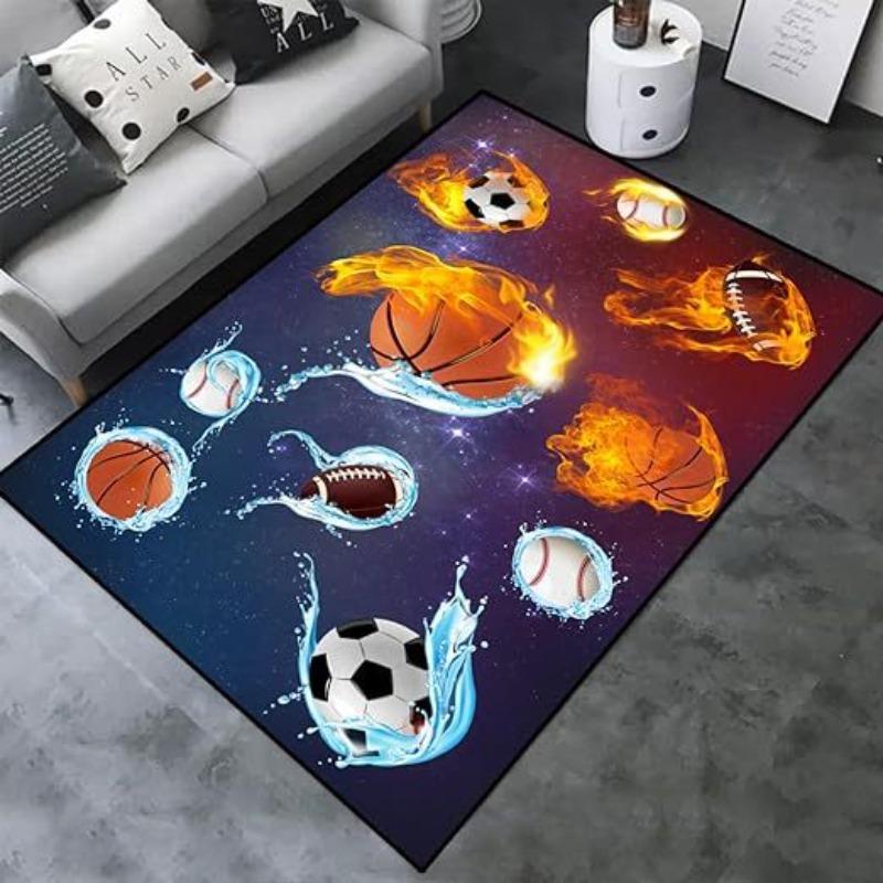 Dynamic Sports Ball Rugs Flaming Football Basketball Design Brick Wall Breakthrough for Game Room Man Cave Decor