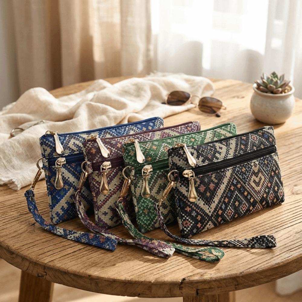 Retro Ethnic Style Clutch Purse Double Zipper Wristlet Wallet Long Wallet Cell Phone Storage