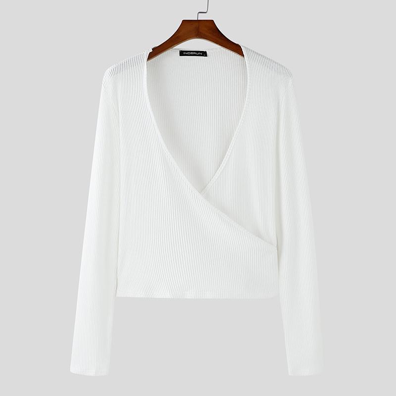 

INCERUN Мужские повседневные облегающие топы с V-образным вырезом и длинным рукавом, нижние рубашки в рубчик XL белый