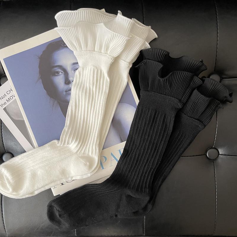 Double-layer Ruffled Three-dimensional Cut Mid-tube Slouch Socks, Thin Summer Black and White Solid Color Vintage Socks for Women, Japanese Style JK