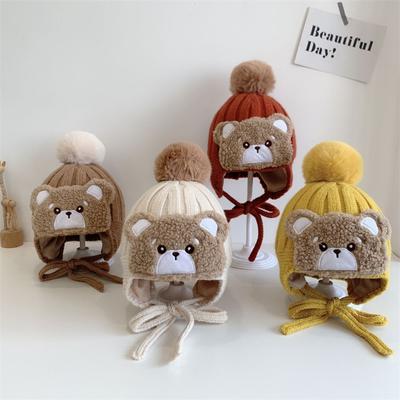 Chapeaux pour bébé automne et hiver, mignon gros bonnet en laine tricoté pour enfants, chapeau de protection des oreilles, super mignon petit ours, chapeau en laine chaud à double couche