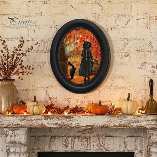 Ghost Oil Painting Print Halloween Wall Decor, Cute Table Sign, Vintage Oval Framed Retro Decor Picture, Decorative Art for Mantel Living Room Bedroom