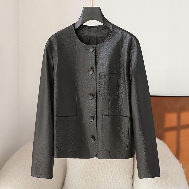 

Haining Women s High-End Genuine Lambskin Leather Jacket, Short Loose Fit in Merlot XL чорний