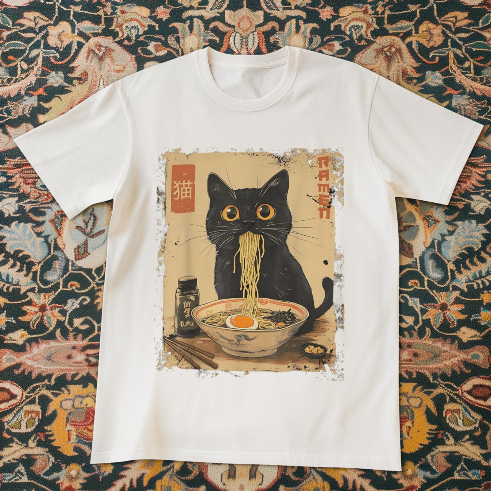 Japanese Ramen Cat T Shirt Funny Black Cat Noodle Anime Art Unisex Tee 3XL