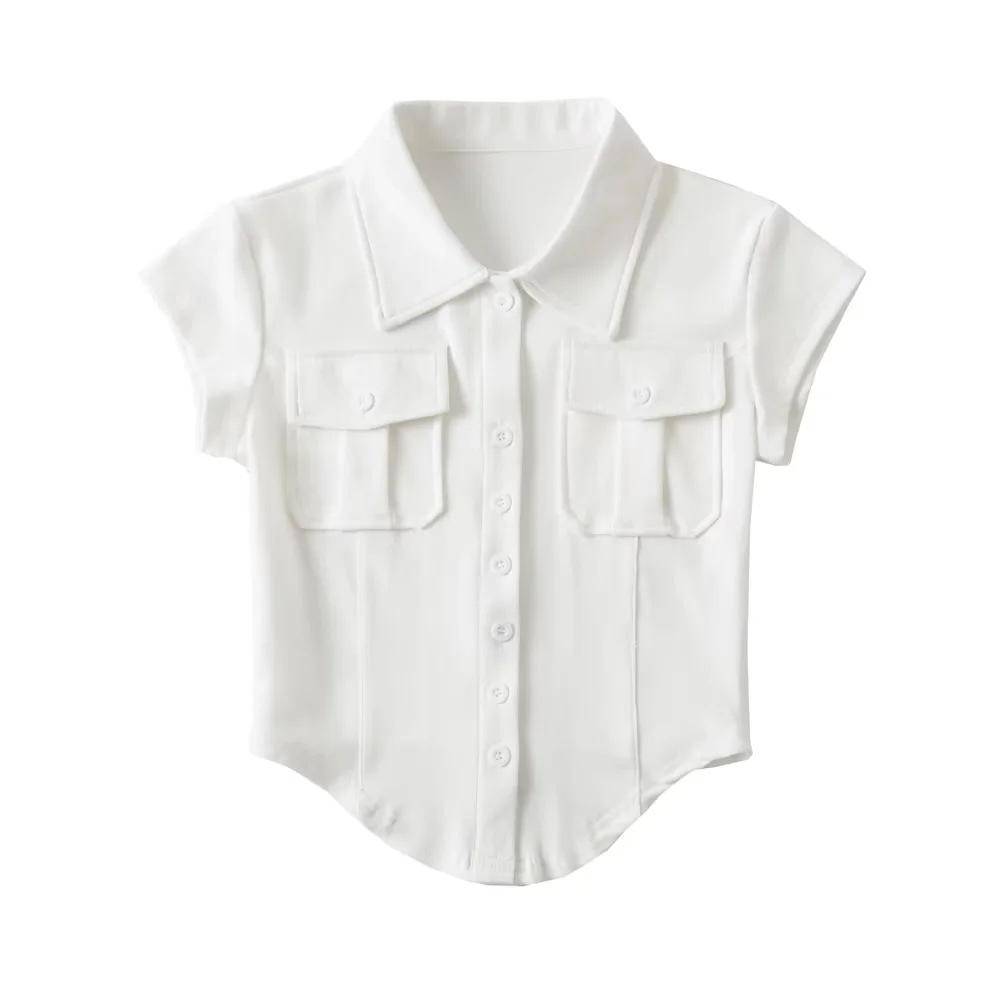 Double Pocket POLO Collar Short Sleeved Women'S New Curved Hem Irregular Top Single Breasted T-Shirt