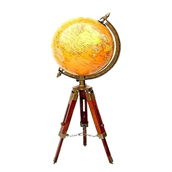 Nautical World Map Globe Ornament On Wooden Tripod Stand Desk Decor