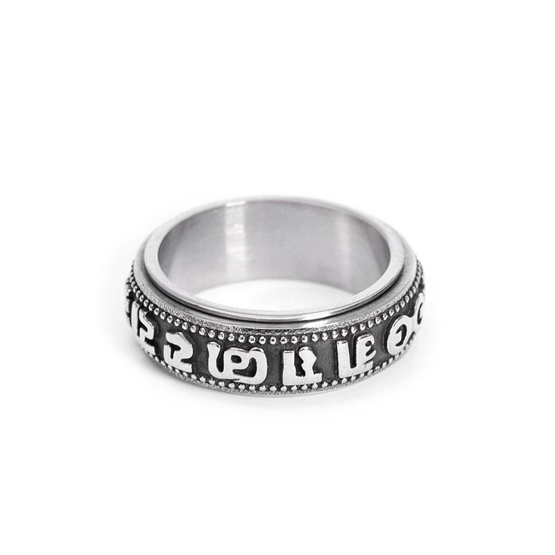 

Вращающееся кольцо из титановой стали с шестислоговой мантрой Мощное мужское кольцо с Великой Яркой Мантрой No. 7