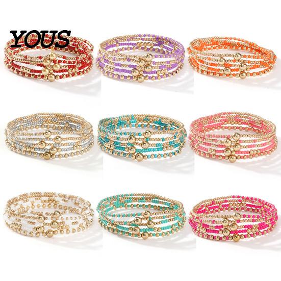 Multi-colored Beaded Bangles 5Pcs Bracelet Stack for Women Teenage Girls, Tiny Colorful Bead Jewelry Beads Bracelets, Elastic Stretch Boho Accessories