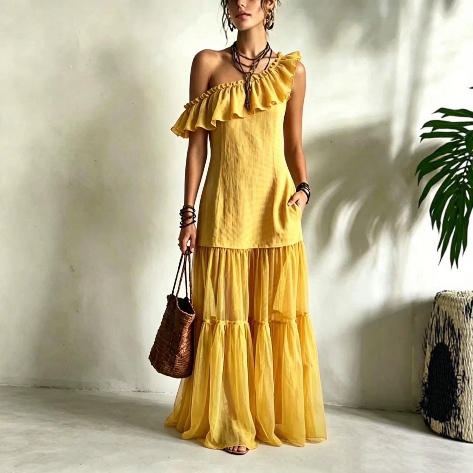 European and American new sleeveless diagonal neck ruffle edge women s dress S