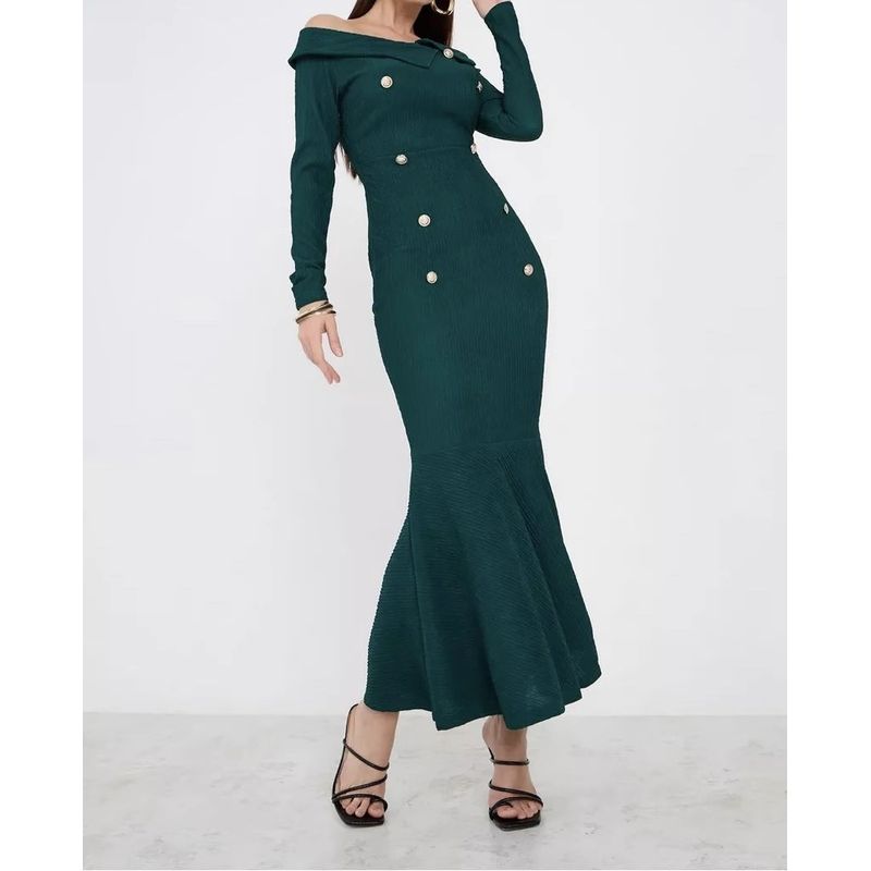 

Французская Атмосфера Девушка-Добивательница Стиль Двубортный Косой Воротник Нишевый Дизайн Ветер Хепберн Белый Зеленый Платье Русалка Платье Green M