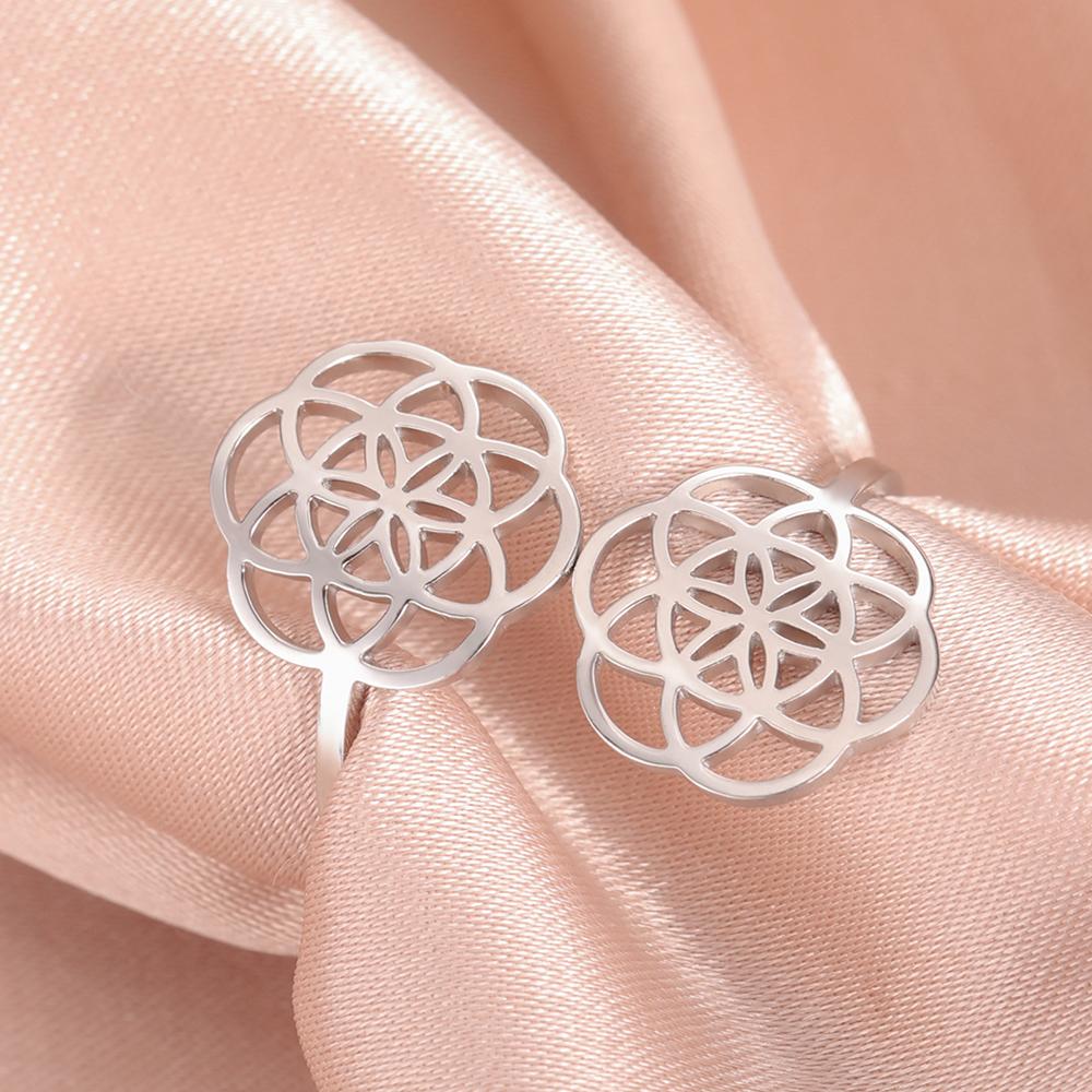 Dawapara Flower of Life Cutout Women Adjustable Ring Mandala Sacred Geometry Yoga Kabbalah Jewelry Stainless Steel