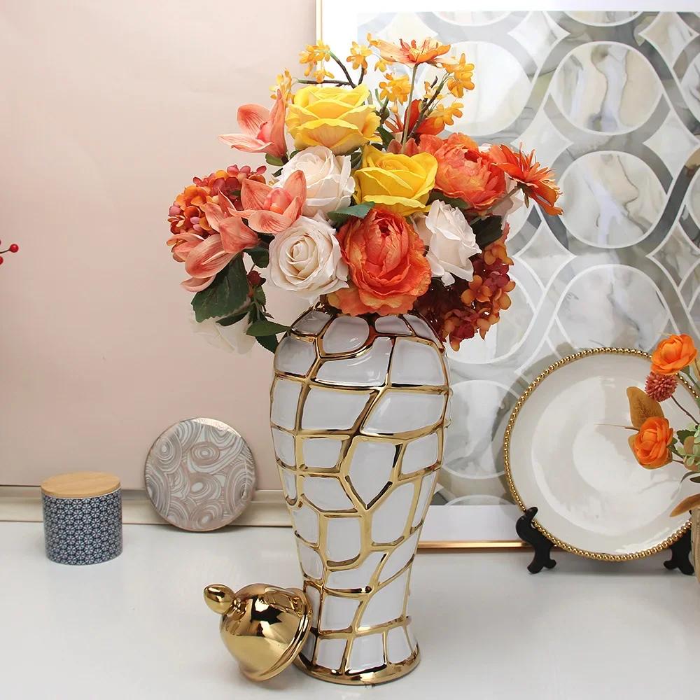 Ceramic General Jar Handmade Ginger Jar Golden Grid Porcelain Candy Storage Jar Art Decorative Tank Vase Home Decoration