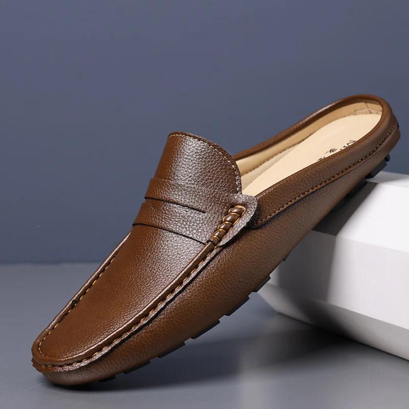 Summer Slip-on Loafers Soft Leather Slippers Flats Male Walking Shoes Casual Loafers Half Shoes for Men Lazy Shoe