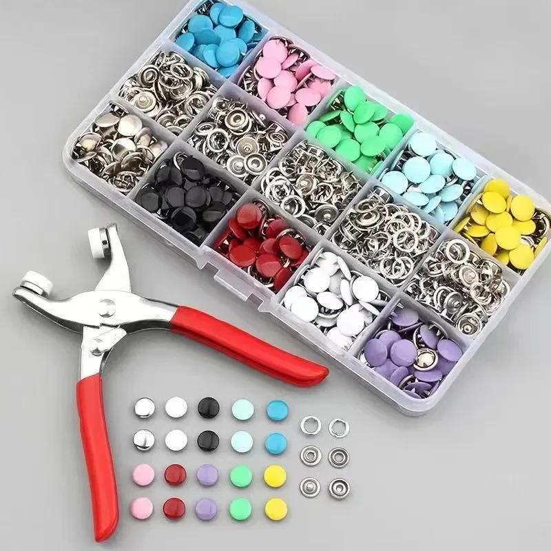 100pcs Metal Prong Snap Fasteners Buttons Solid Hollow Press Button Studs With Pliers Tool Kits For Clothes Bags Garment Sewing