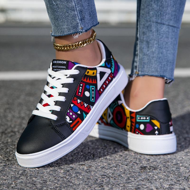 MAEDEF Damen Sportschuhe Herren Vulkanisierte Schuhe Schnürschuhe Damen Sneaker Paare Modischer Graffiti-Print Lässige Ballerinaschuhe