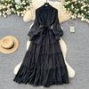 Accessible Luxury French Style Fancy Stand Collar Dress Female Lantern Sleeve Embroider Lace-up Waist-Controlled Design Graceful Long Expansion Skirt